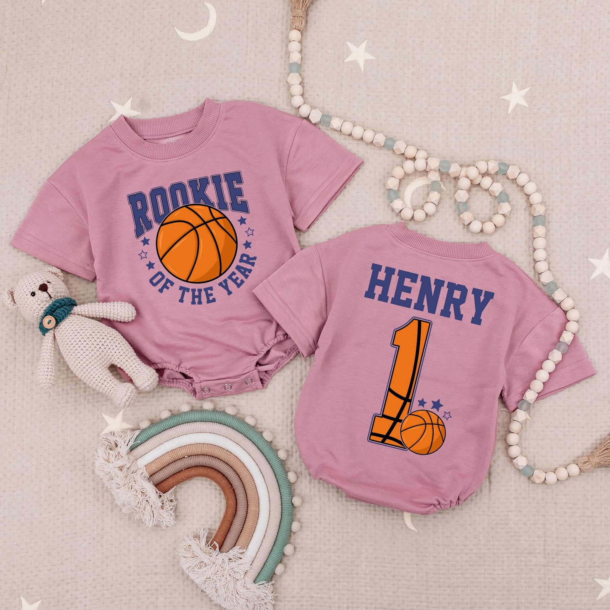 Rookie of the Year Basketball Romper Baby Boy Girl First Birthday Outfit Orange Navy Stars