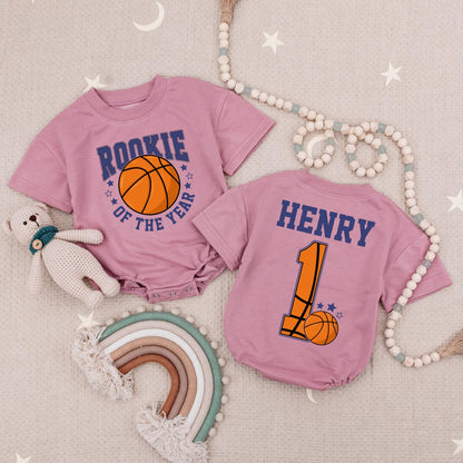 Rookie of the Year Basketball Romper Baby Boy Girl First Birthday Outfit Orange Navy Stars