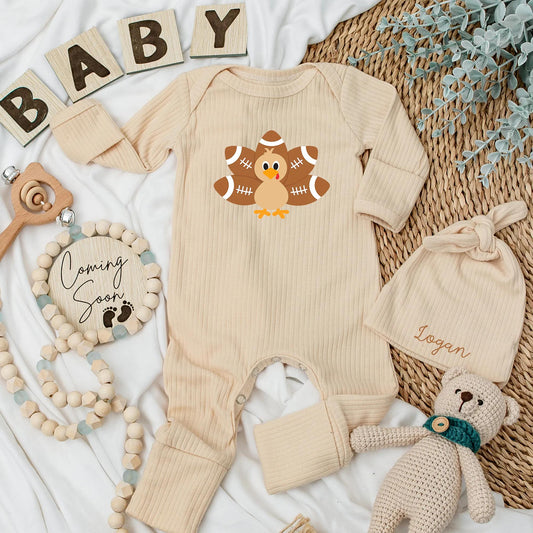 My First Thanksgiving Outfit Boy Turkey Football Bodysuit Cute Fall Romper Newborn Gift Playful Cartoon Turkey Day Outfit Baby Shower Coming Home (140)