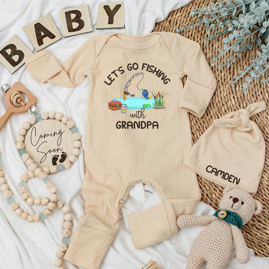 Let's Go Fishing with Grandpa Baby Bodysuit Whimsical Fishing Scene Newborn Outfit Cute Baby Shower Gift Clothes for Little Anglers