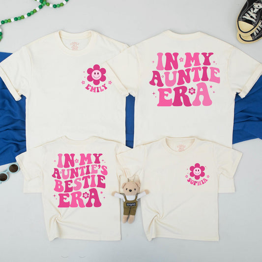 In My Auntie Era Retro Matching Shirts for Aunt & Bestie Pink Flower Design Fun Aunt Gift from Niece, New Aunt to Be Outfit Comfortable Cotton (138 chars)