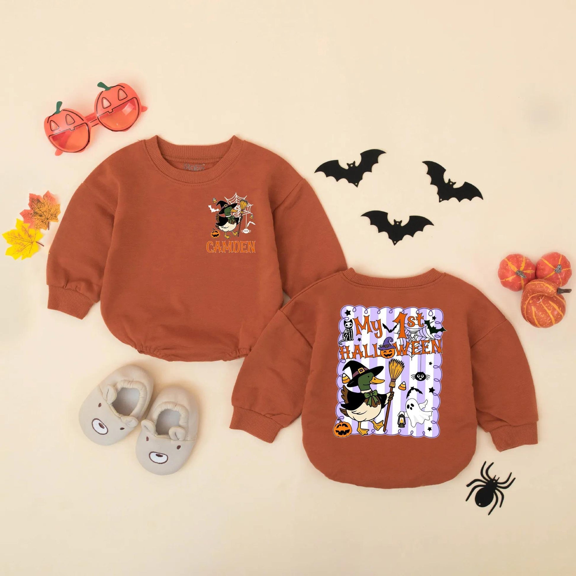 Cute Mallard Witch Halloween Baby Romper My 1st Halloween Custom Name Gift for Boys Girls
