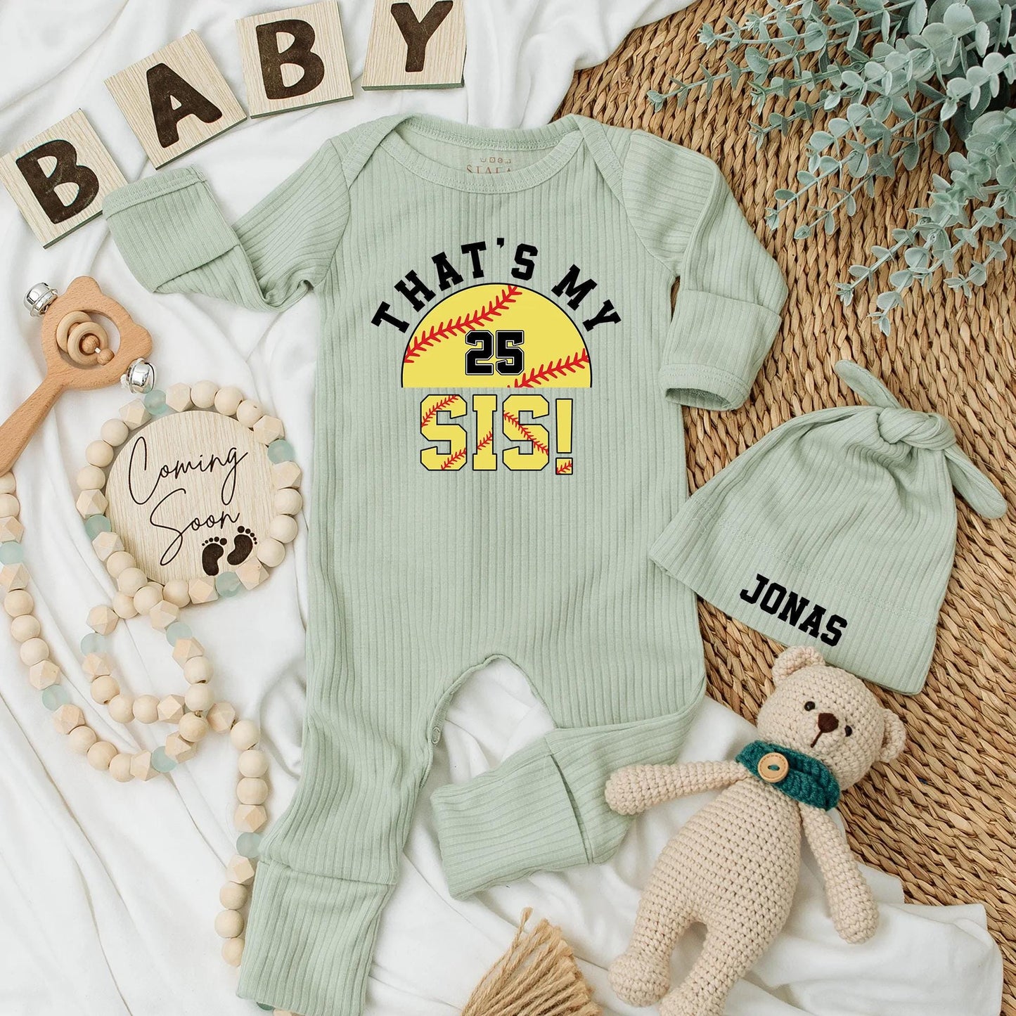 That's My Sis Baseball Baby Bodysuit - Custom Number 25 Sibling Outfit - Cute Baseball Fan Clothes - Newborn Sister Gift - Sporty Romper (138 chars)