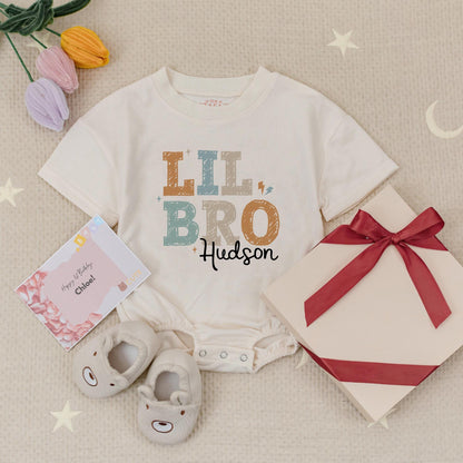 Personalized Big Sis Lil Bro Romper Set, Custom Name Sibling Babysuit, Matching Siblings Gift, Earthy Tones, Star Accents, Zig-Zag Details Hudson Amelia (139 chars)