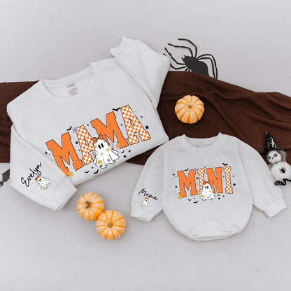 Retro Halloween Matching Mama Mini Sweatshirts, Personalized Family Ghost Sweaters, Checkerboard Fall Outfits, Custom Name Mommy and Me, Spooky Season (139)