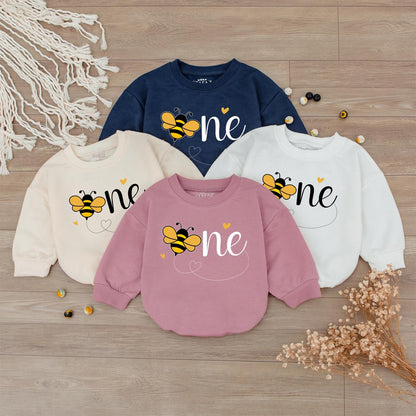 Sweet Bee First Birthday Romper, Cute One-sie with Flying Bee Design, Baby Girl Outfit, Yellow Hearts, Playful Party Clothes, Adorable Bee Day Gift (139 chars)