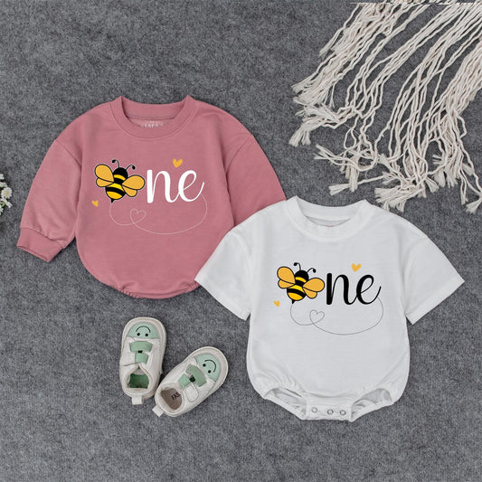 Sweet Bee First Birthday Romper, Cute One-sie with Flying Bee Design, Baby Girl Outfit, Yellow Hearts, Playful Party Clothes, Adorable Bee Day Gift (139 chars)