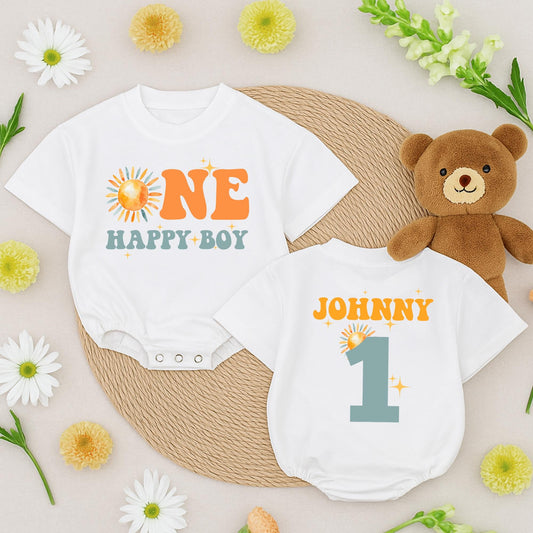 One Happy Boy Birthday Romper Short Sleeve Outfit, Retro Sunshine Baby Clothes, Sun Boy 1st Birthday Party, Playful First Birthday Romper (139 chars)