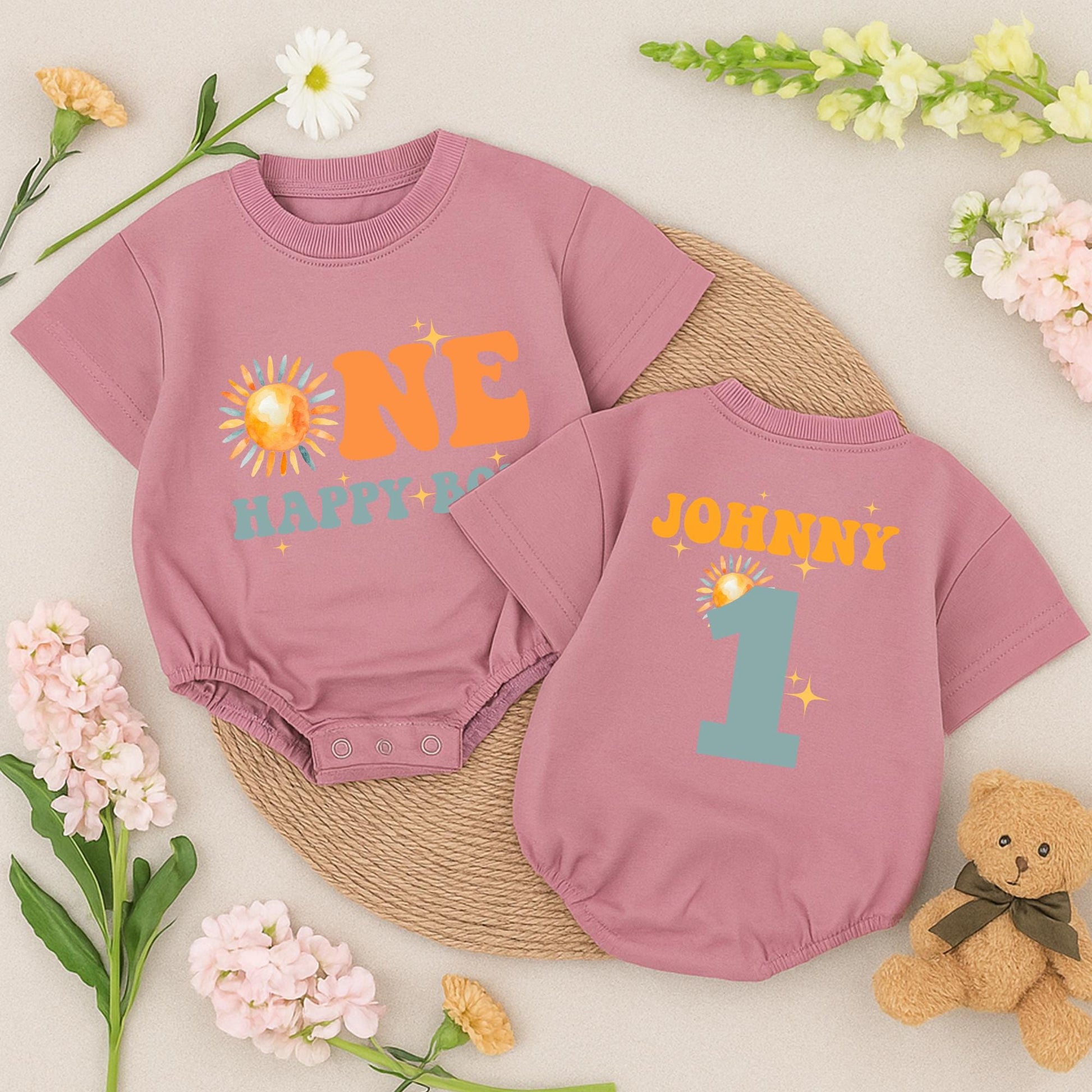 One Happy Boy Birthday Romper Short Sleeve Outfit, Retro Sunshine Baby Clothes, Sun Boy 1st Birthday Party, Playful First Birthday Romper (139 chars)