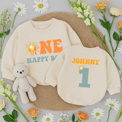 One Happy Boy Birthday Romper Short Sleeve Outfit, Retro Sunshine Baby Clothes, Sun Boy 1st Birthday Party, Playful First Birthday Romper (139 chars)