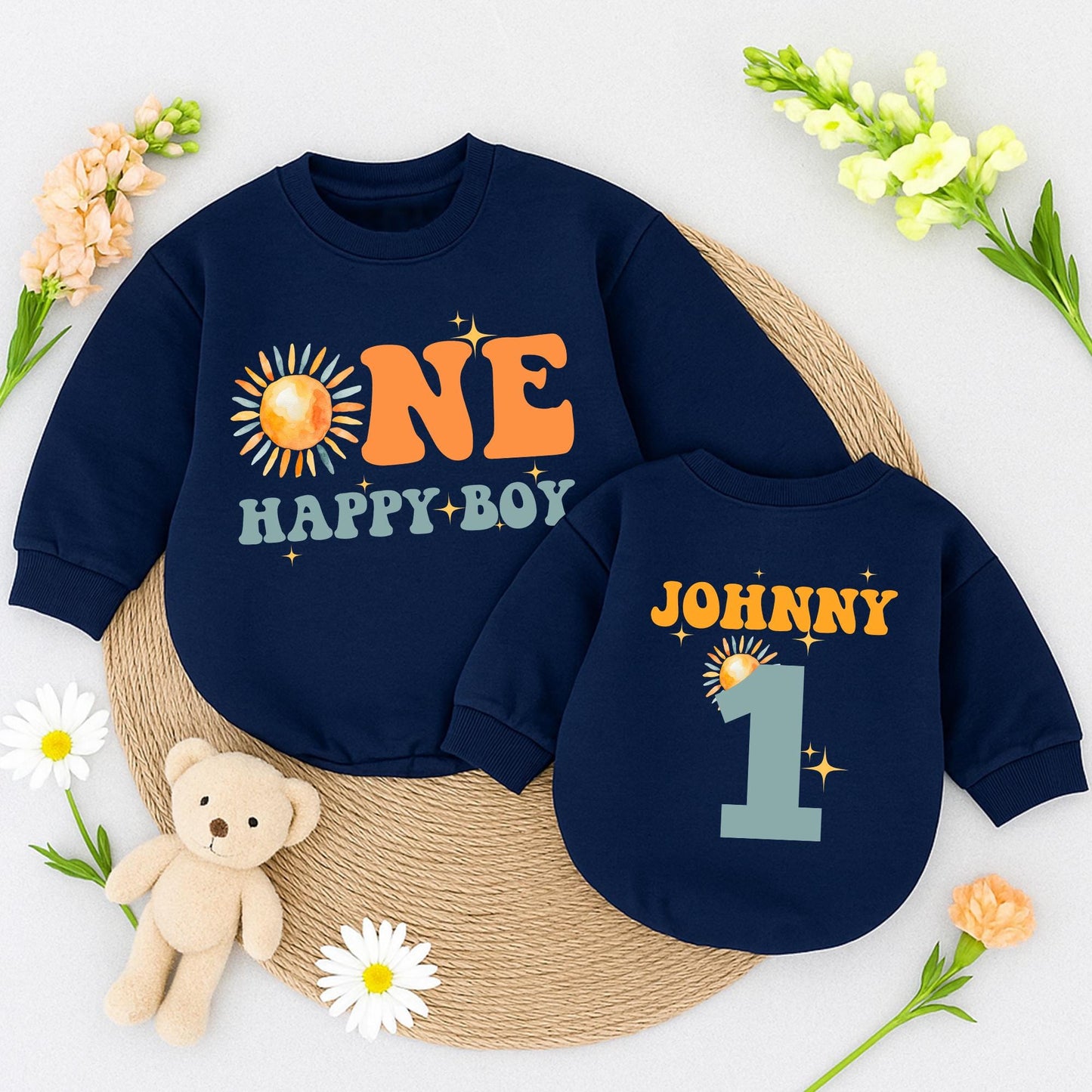 One Happy Boy Birthday Romper Short Sleeve Outfit, Retro Sunshine Baby Clothes, Sun Boy 1st Birthday Party, Playful First Birthday Romper (139 chars)