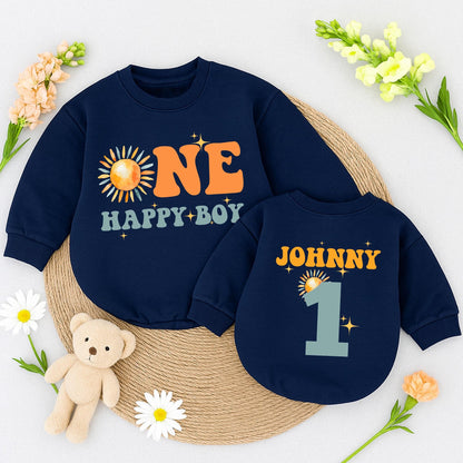 One Happy Boy Birthday Romper Short Sleeve Outfit, Retro Sunshine Baby Clothes, Sun Boy 1st Birthday Party, Playful First Birthday Romper (139 chars)