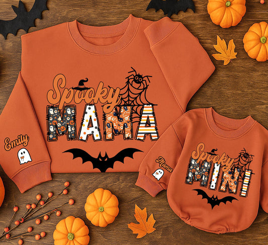 Custom Spooky Mama Mini Halloween Sweatshirt with Kids Name Ghost on Sleeve, Playful Halloween Patterns, Festive Mama Spooky Season Sweatshirt Gift