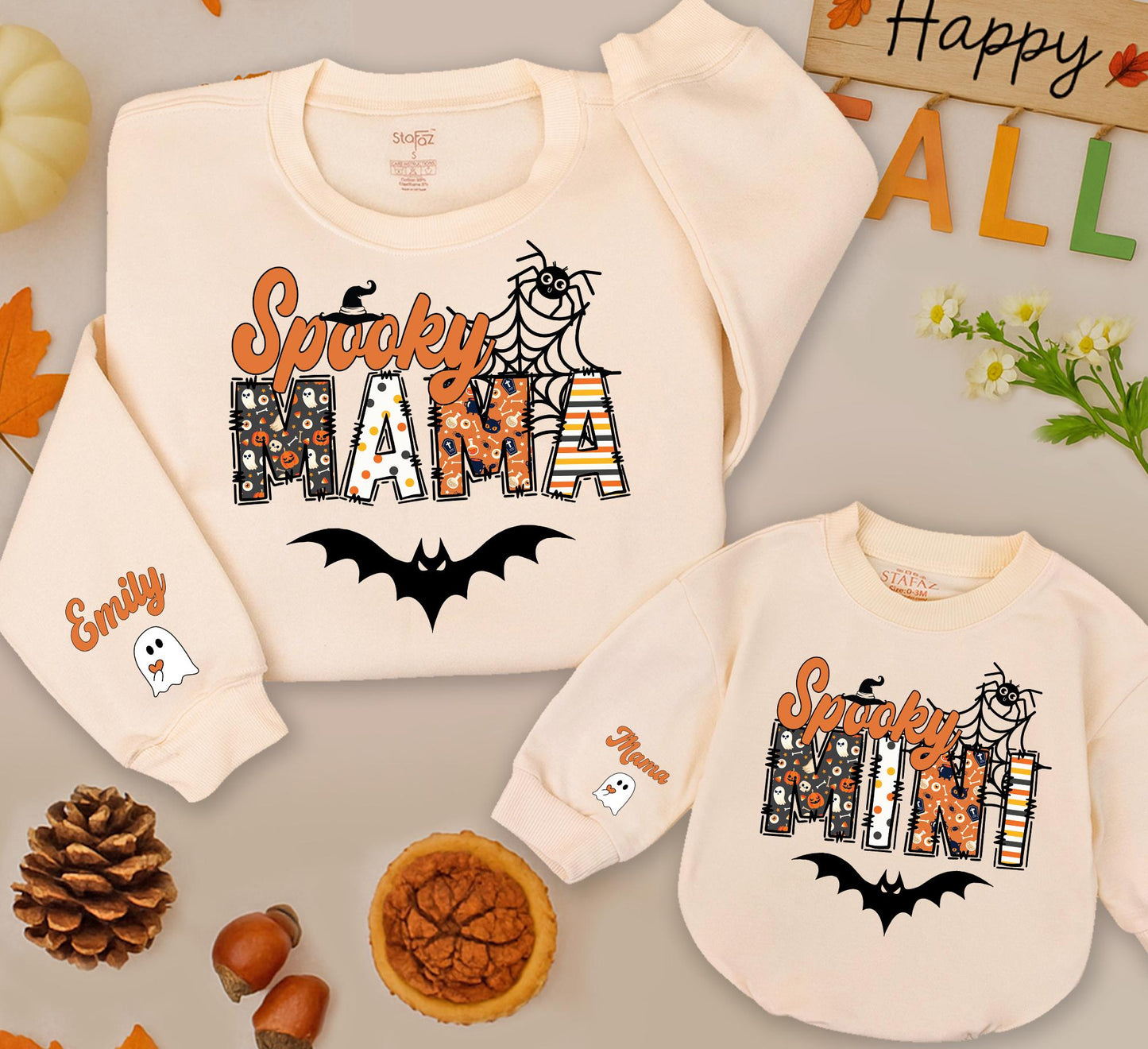 Custom Spooky Mama Mini Halloween Sweatshirt with Kids Name Ghost on Sleeve, Playful Halloween Patterns, Festive Mama Spooky Season Sweatshirt Gift