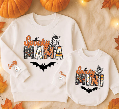 Custom Spooky Mama Mini Halloween Sweatshirt with Kids Name Ghost on Sleeve, Playful Halloween Patterns, Festive Mama Spooky Season Sweatshirt Gift