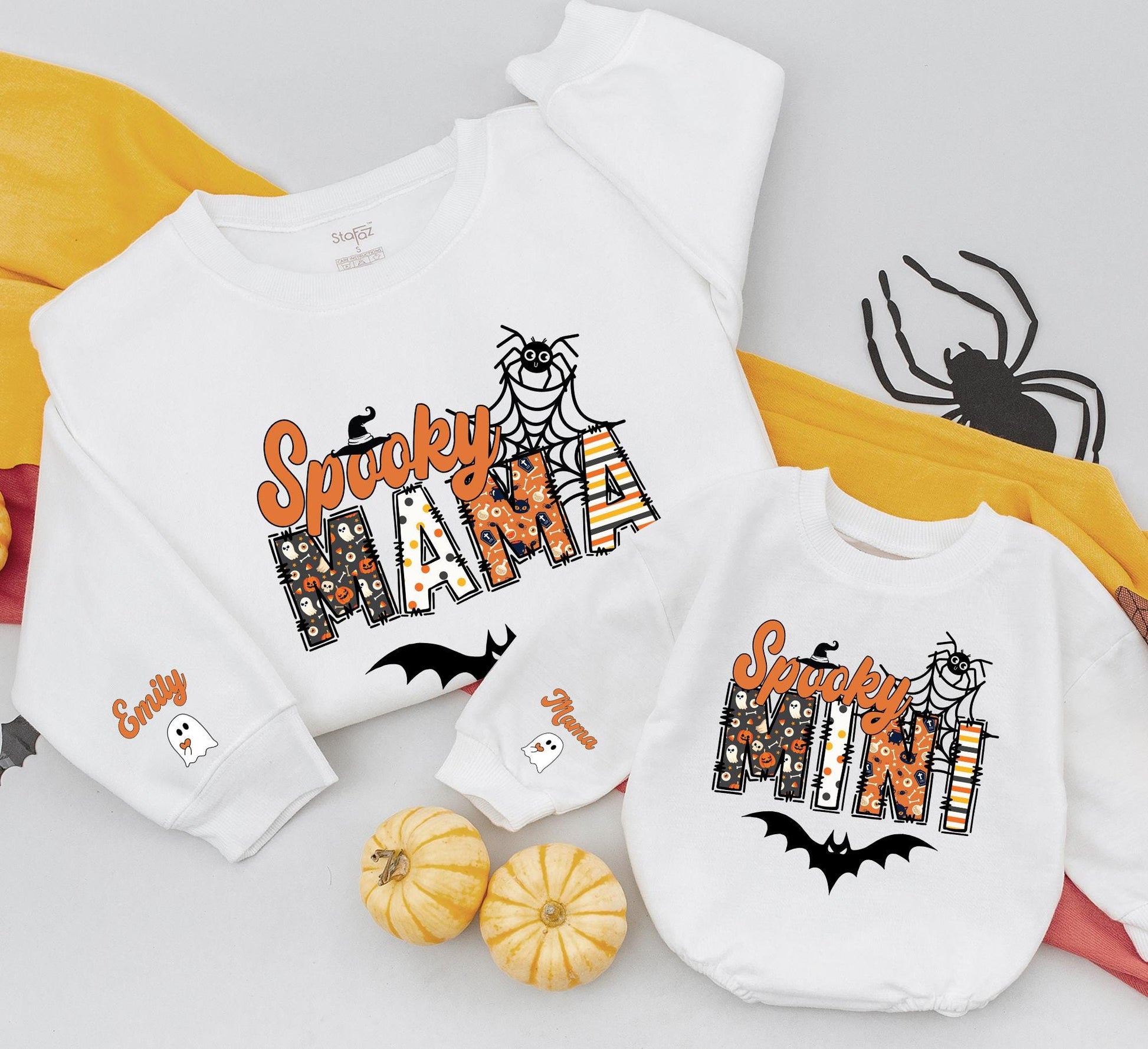 Custom Spooky Mama Mini Halloween Sweatshirt with Kids Name Ghost on Sleeve, Playful Halloween Patterns, Festive Mama Spooky Season Sweatshirt Gift