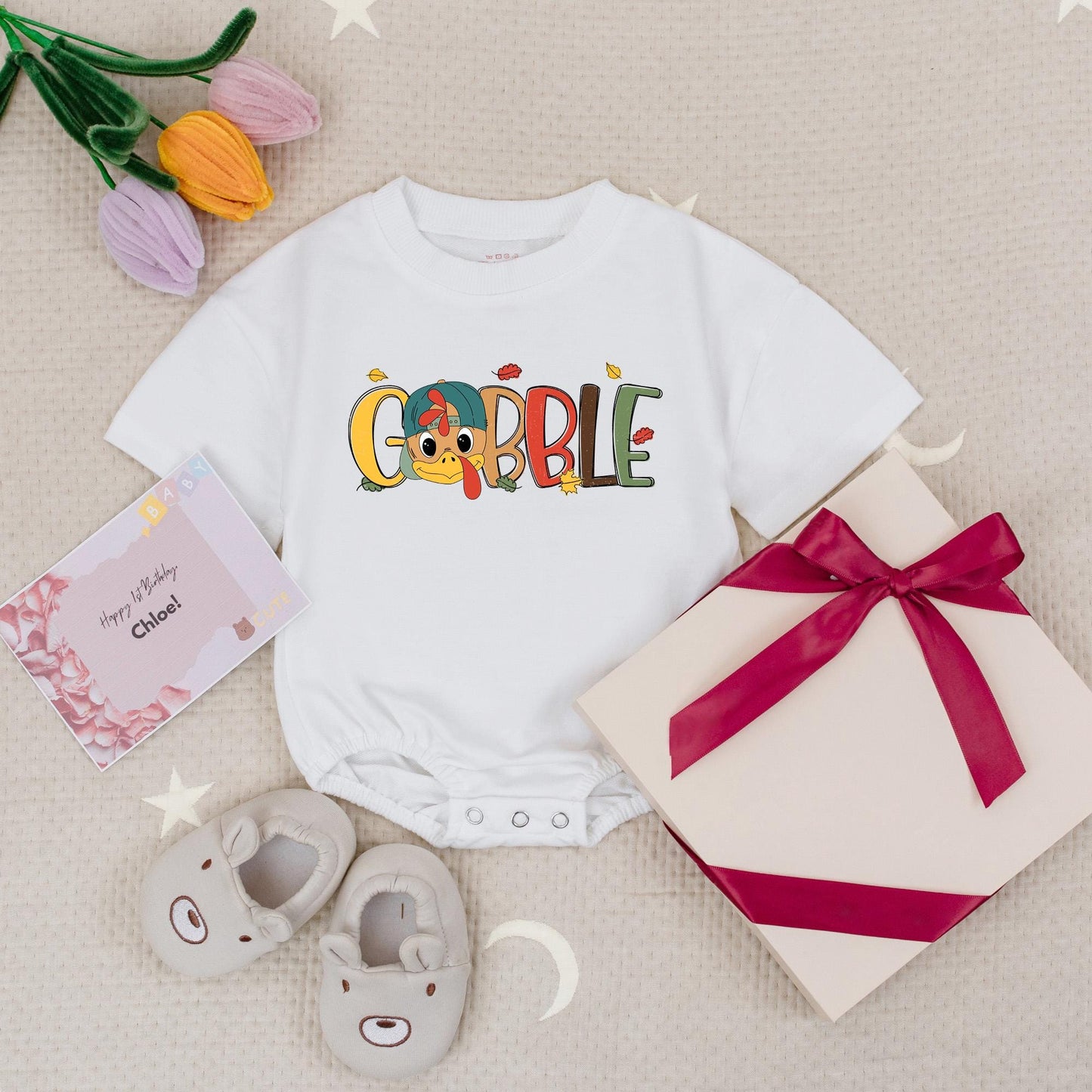 Matching Gobble Gobble Rompers for Thanksgiving Twins! Cute Turkey Day Baby Clothes with Blue Hat & Pink Bow, Fall Holiday Outfit (138 chars)