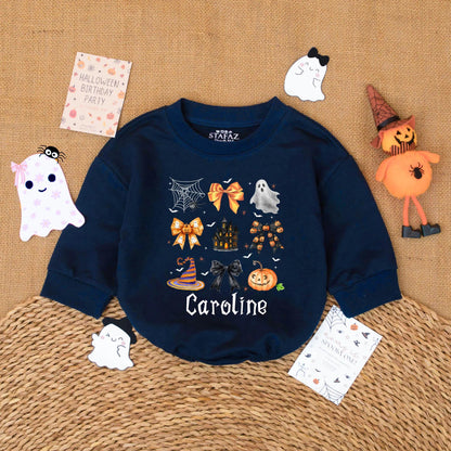 Personalized Caroline Gothic Halloween Romper for Baby Girls Cute Spooky Ghost Jack-o-Lantern Bow Bodysuit First Halloween Gift