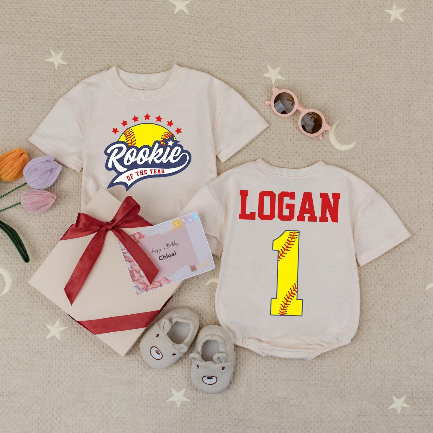Rookie of the Year Softball Baby Romper Custom Script & Block Letter Design Red Stars Navy Swoosh 1st Birthday Gameday Outfit