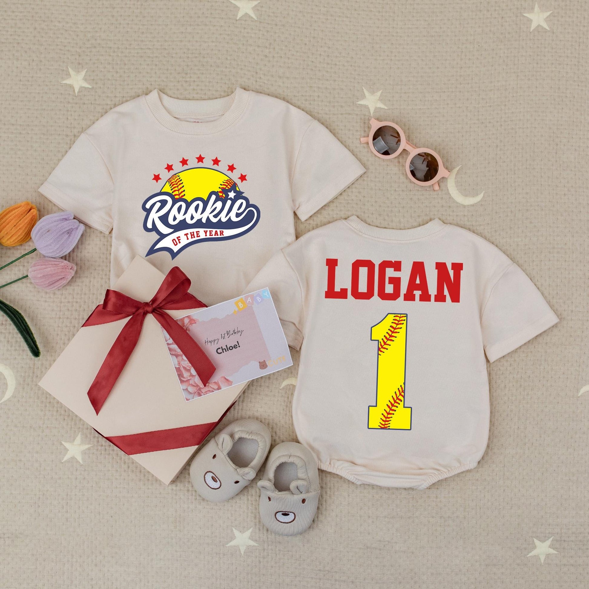 Rookie of the Year Softball Baby Romper Custom Script & Block Letter Design Red Stars Navy Swoosh 1st Birthday Gameday Outfit