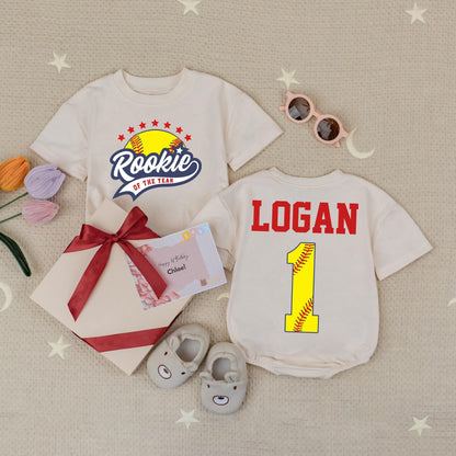 Rookie of the Year Softball Baby Romper Custom Script & Block Letter Design Red Stars Navy Swoosh 1st Birthday Gameday Outfit