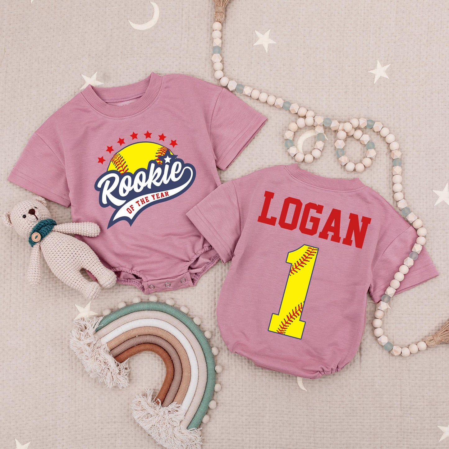 Rookie of the Year Softball Baby Romper Custom Script & Block Letter Design Red Stars Navy Swoosh 1st Birthday Gameday Outfit