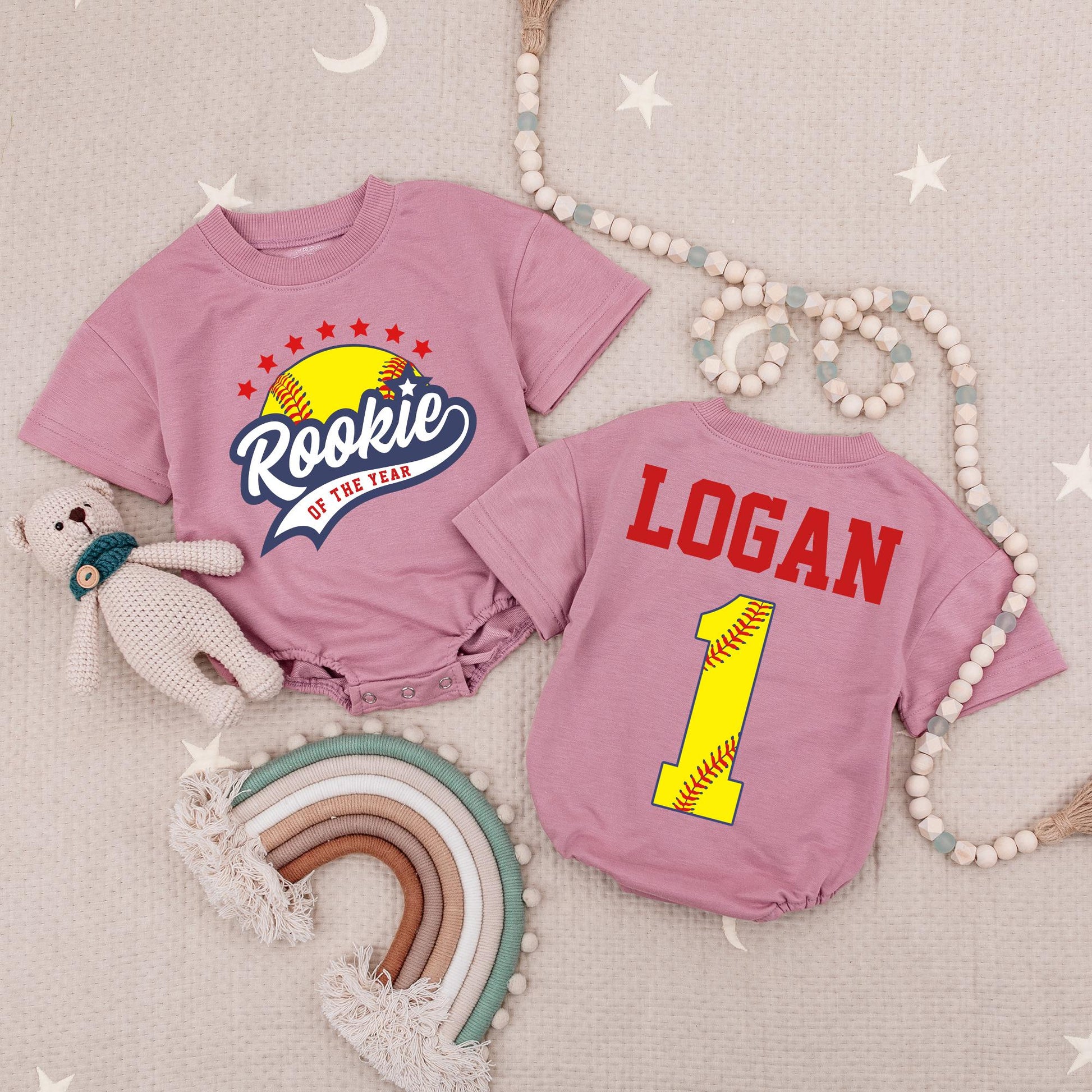 Rookie of the Year Softball Baby Romper Custom Script & Block Letter Design Red Stars Navy Swoosh 1st Birthday Gameday Outfit