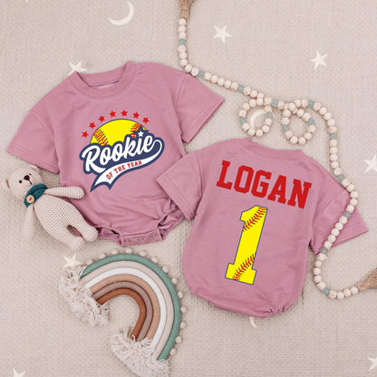 Rookie of the Year Softball Baby Romper Custom Script & Block Letter Design Red Stars Navy Swoosh 1st Birthday Gameday Outfit