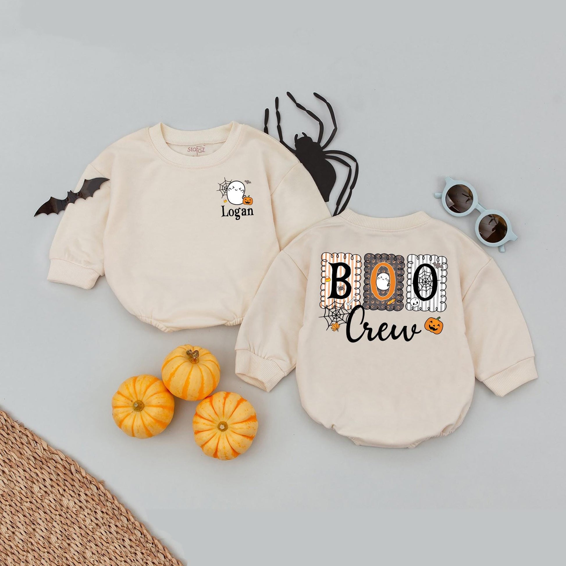 Personalized Boo Crew Halloween Romper, Matching Cousin T-Shirts, Custom Name 2025 Kid Halloween Shirts, Whimsical Ghosts, Pumpkins, Bats Outfit for Children