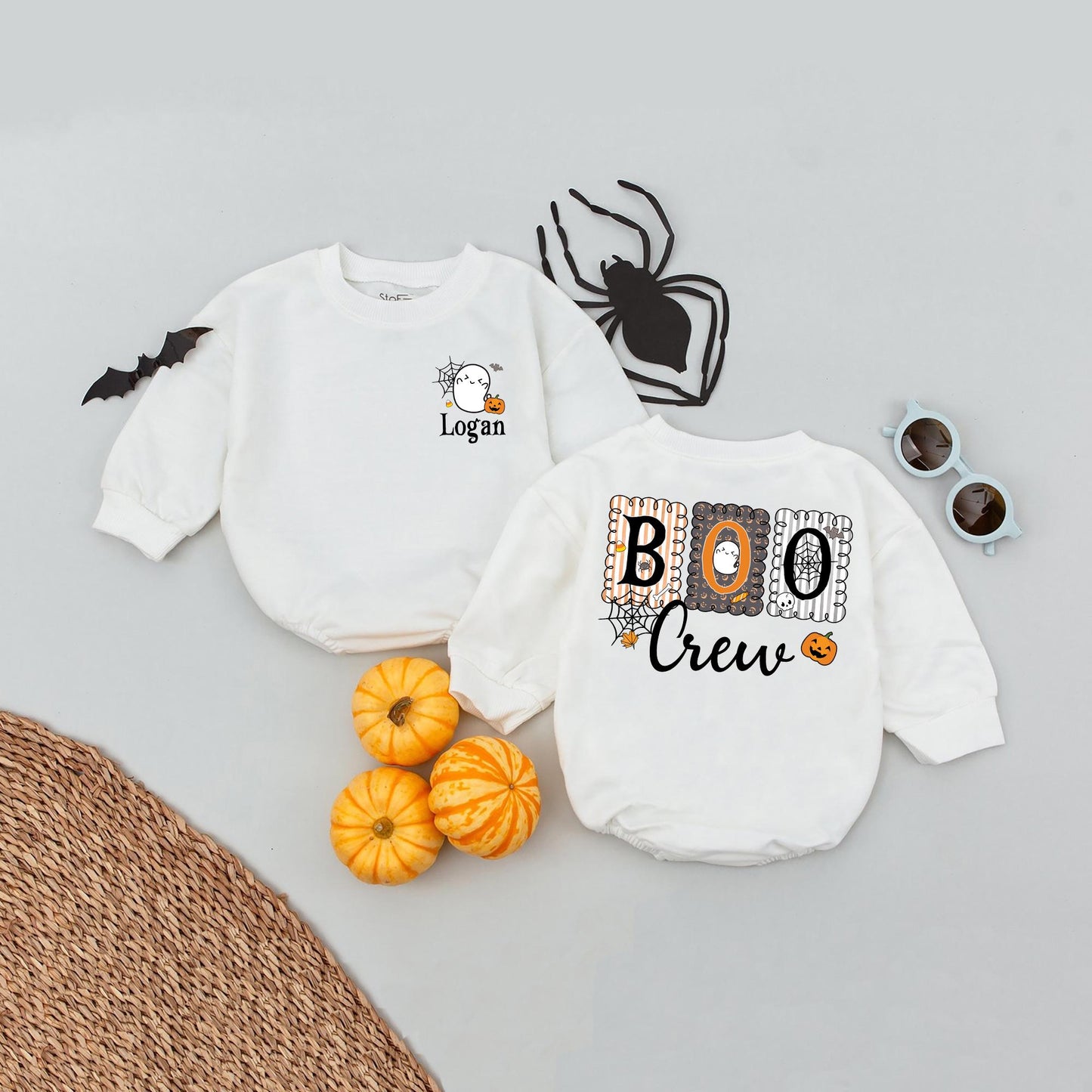 Personalized Boo Crew Halloween Romper, Matching Cousin T-Shirts, Custom Name 2025 Kid Halloween Shirts, Whimsical Ghosts, Pumpkins, Bats Outfit for Children