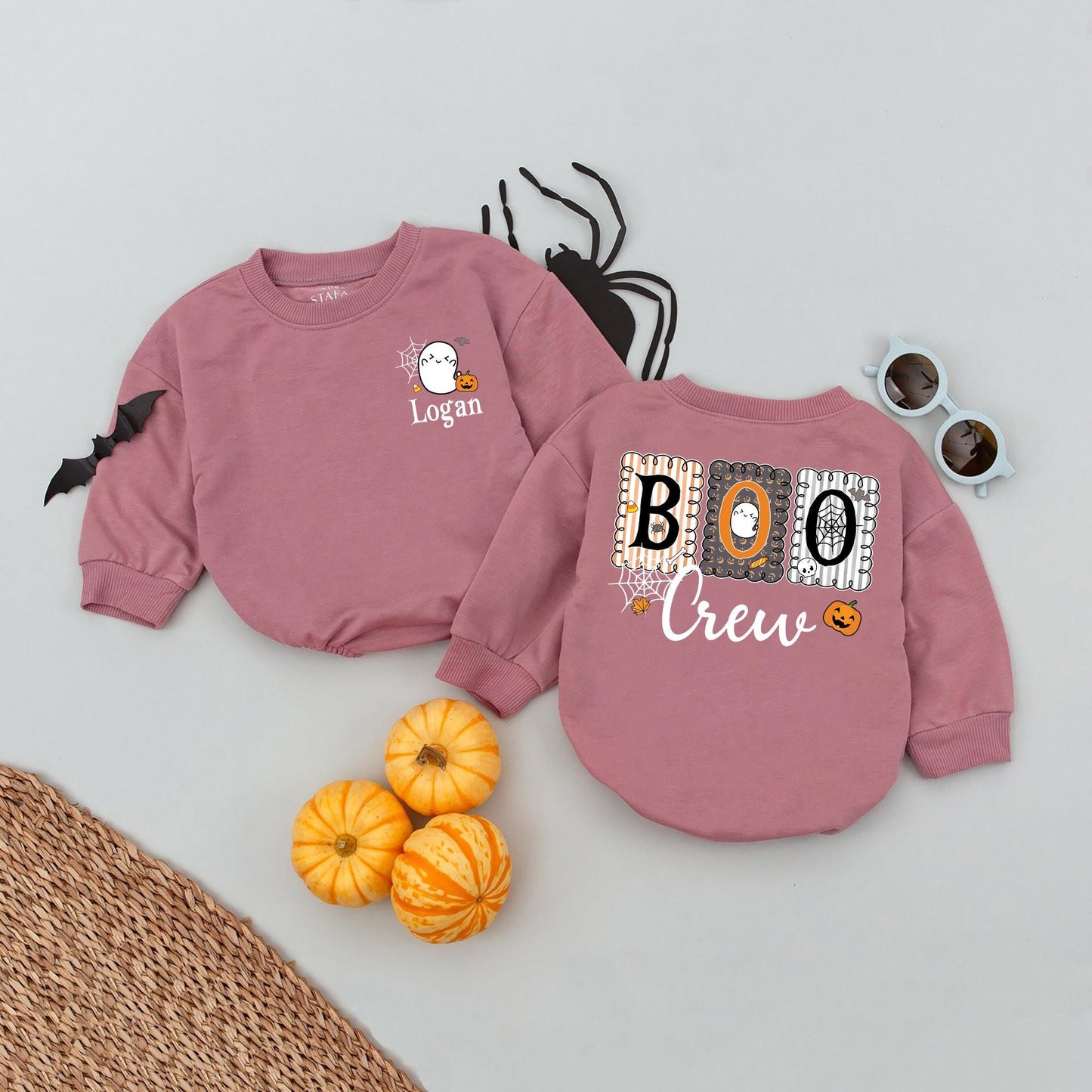 Personalized Boo Crew Halloween Romper, Matching Cousin T-Shirts, Custom Name 2025 Kid Halloween Shirts, Whimsical Ghosts, Pumpkins, Bats Outfit for Children