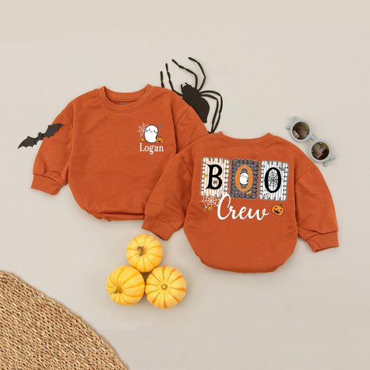 Personalized Boo Crew Halloween Romper, Matching Cousin T-Shirts, Custom Name 2025 Kid Halloween Shirts, Whimsical Ghosts, Pumpkins, Bats Outfit for Children