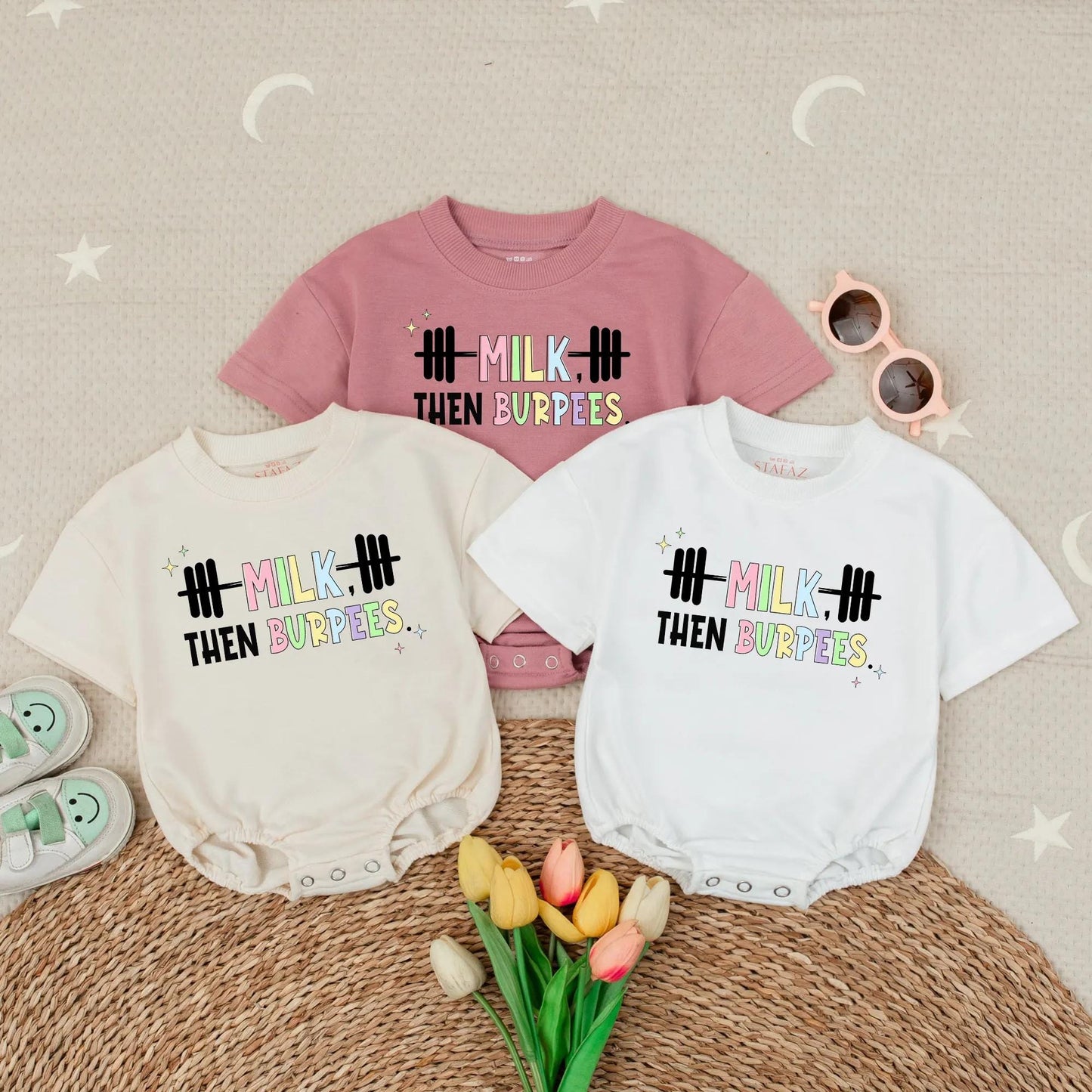 Milk Then Burpees Baby Romper with Rainbow Milk & Sparkles Cute Gym Outfit for Newborns, Active Baby Shower Gift
