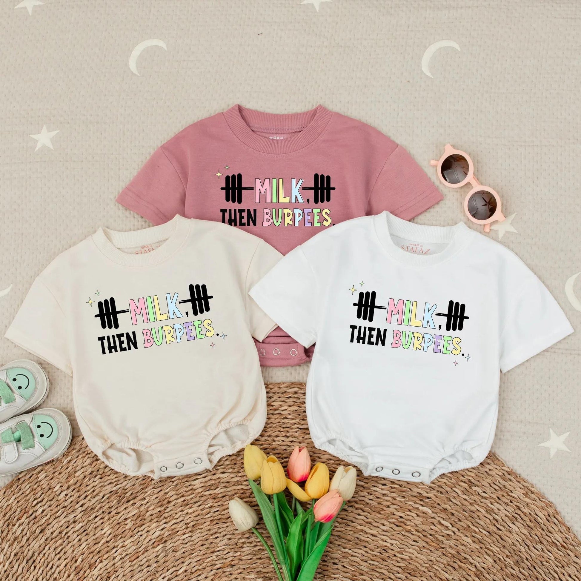 Milk Then Burpees Baby Romper with Rainbow Milk & Sparkles Cute Gym Outfit for Newborns, Active Baby Shower Gift