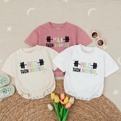 Milk Then Burpees Baby Romper with Rainbow Milk & Sparkles Cute Gym Outfit for Newborns, Active Baby Shower Gift