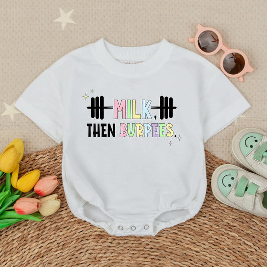 Milk Then Burpees Baby Romper with Rainbow Milk & Sparkles Cute Gym Outfit for Newborns, Active Baby Shower Gift