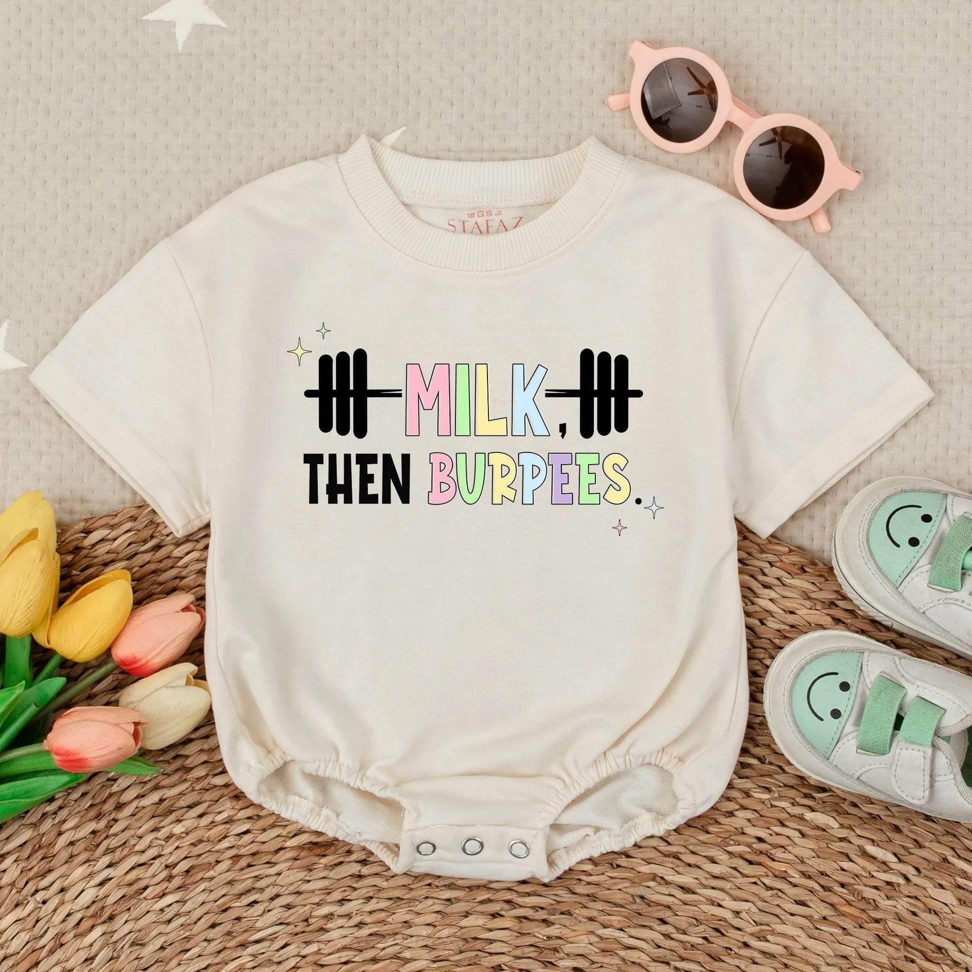 Milk Then Burpees Baby Romper with Rainbow Milk & Sparkles Cute Gym Outfit for Newborns, Active Baby Shower Gift