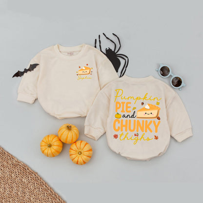 Personalized Pumpkin Pie & Chunky Thighs Romper Baby Girl Outfit, Custom Name Cute Fall Thanksgiving Outfit, Funny Newborn Clothes 1st Thanksgiving (137 chars)