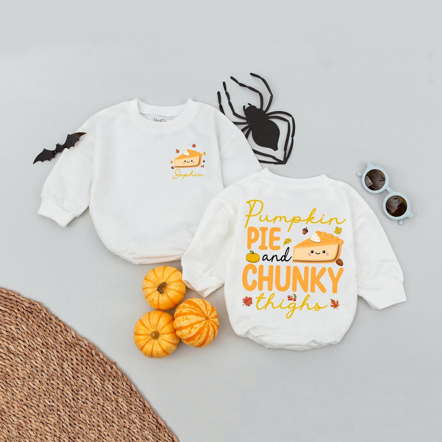Personalized Pumpkin Pie & Chunky Thighs Romper Baby Girl Outfit, Custom Name Cute Fall Thanksgiving Outfit, Funny Newborn Clothes 1st Thanksgiving (137 chars)
