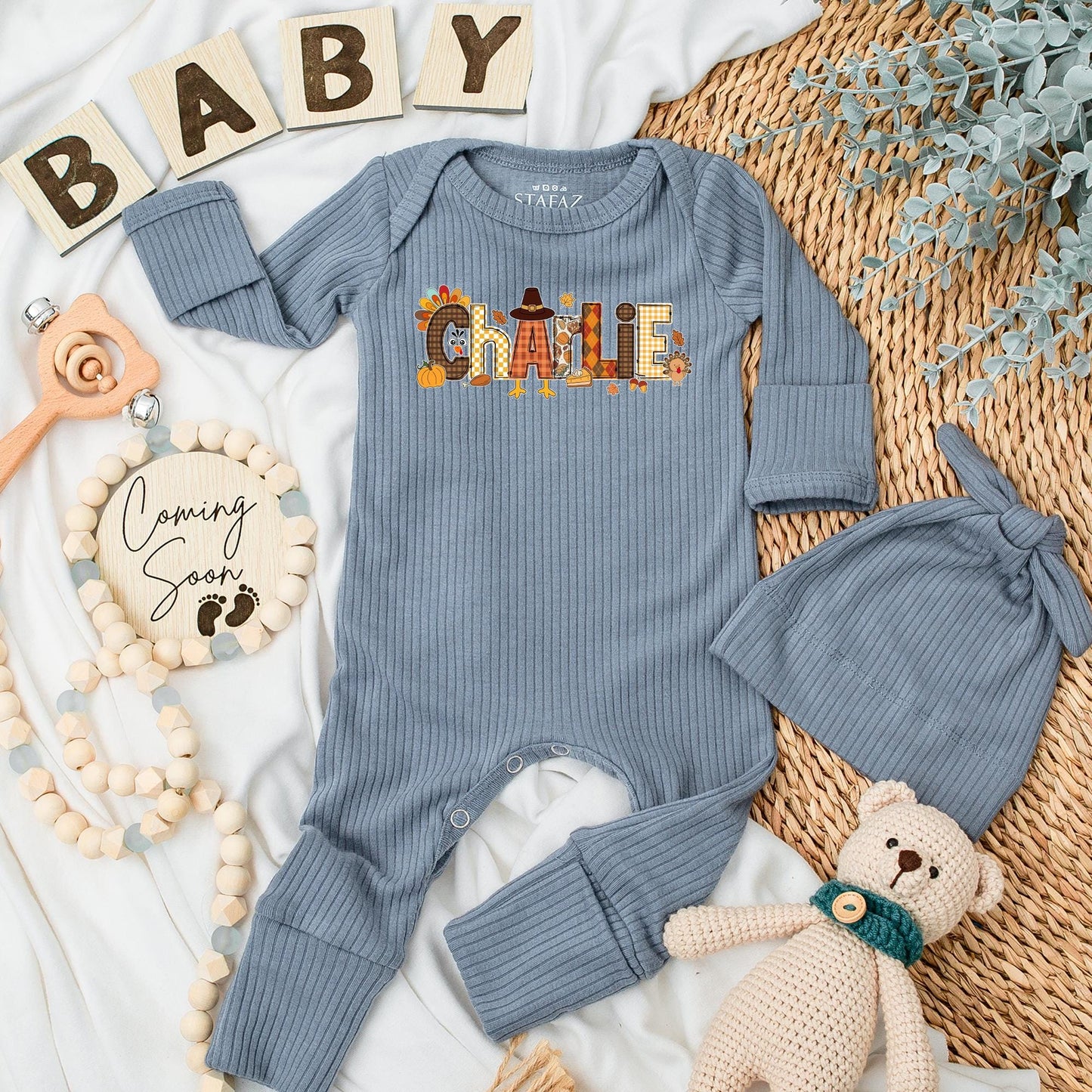 Charlie's First Thanksgiving Baby Bodysuit Little Turkey Pumpkin Patch Fall Newborn Outfit Custom Name Autumn Baby Clothes