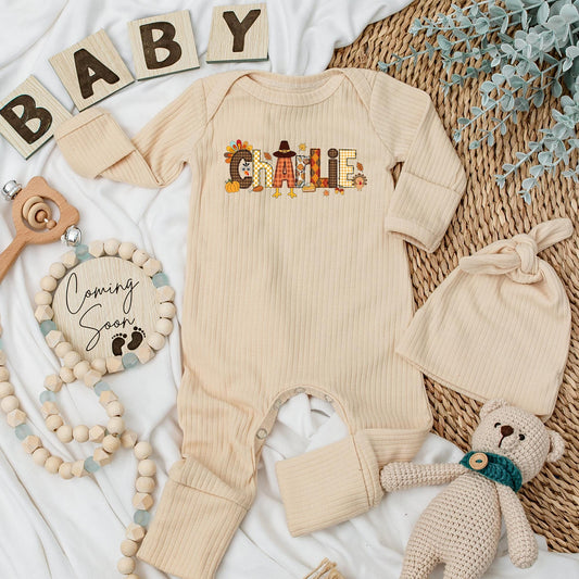 Charlie's First Thanksgiving Baby Bodysuit Little Turkey Pumpkin Patch Fall Newborn Outfit Custom Name Autumn Baby Clothes