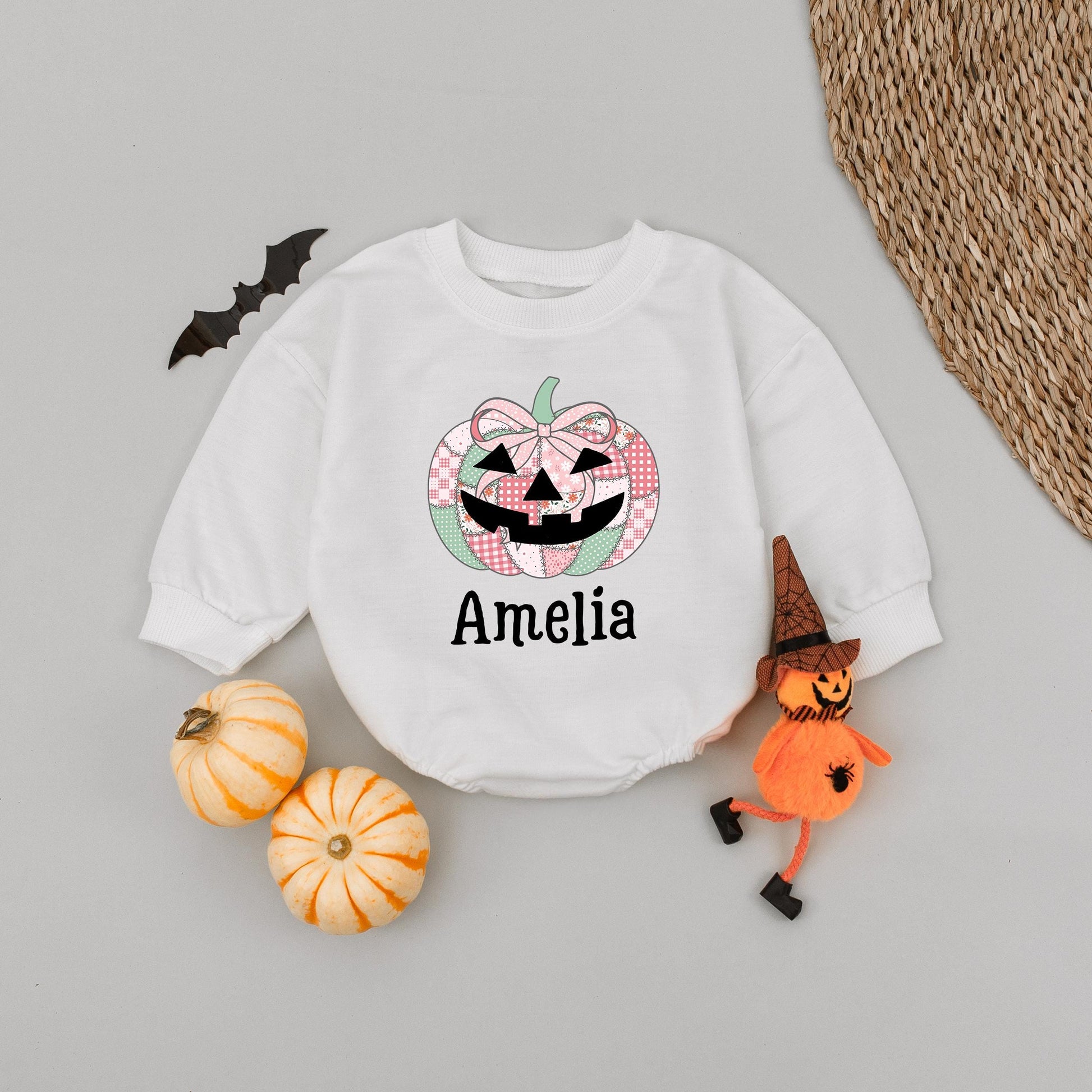 Amelia's Fall Pumpkin Baby Romper Personalized Name Girl Bodysuit Autumn Floral Patchwork Design First Halloween Outfit Newborn Gift
