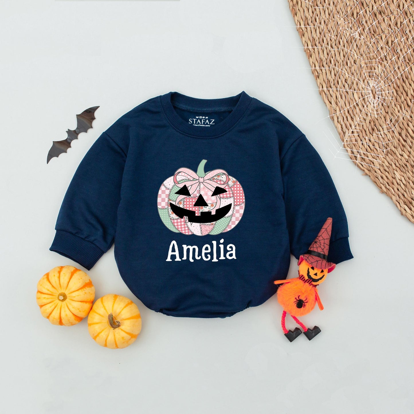 Amelia's Fall Pumpkin Baby Romper Personalized Name Girl Bodysuit Autumn Floral Patchwork Design First Halloween Outfit Newborn Gift