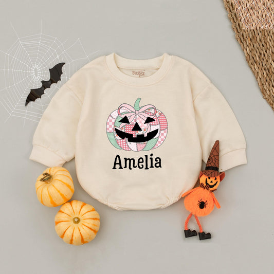 Amelia's Fall Pumpkin Baby Romper Personalized Name Girl Bodysuit Autumn Floral Patchwork Design First Halloween Outfit Newborn Gift