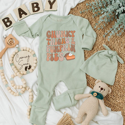 Chunky Thighs & Pumpkin Pies Baby Bodysuit, Retro Fall Autumn Newborn Outfit, Warm Festive Pumpkin Pie Thanksgiving Baby Shower Gift Idea