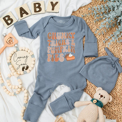 Chunky Thighs & Pumpkin Pies Baby Bodysuit, Retro Fall Autumn Newborn Outfit, Warm Festive Pumpkin Pie Thanksgiving Baby Shower Gift Idea