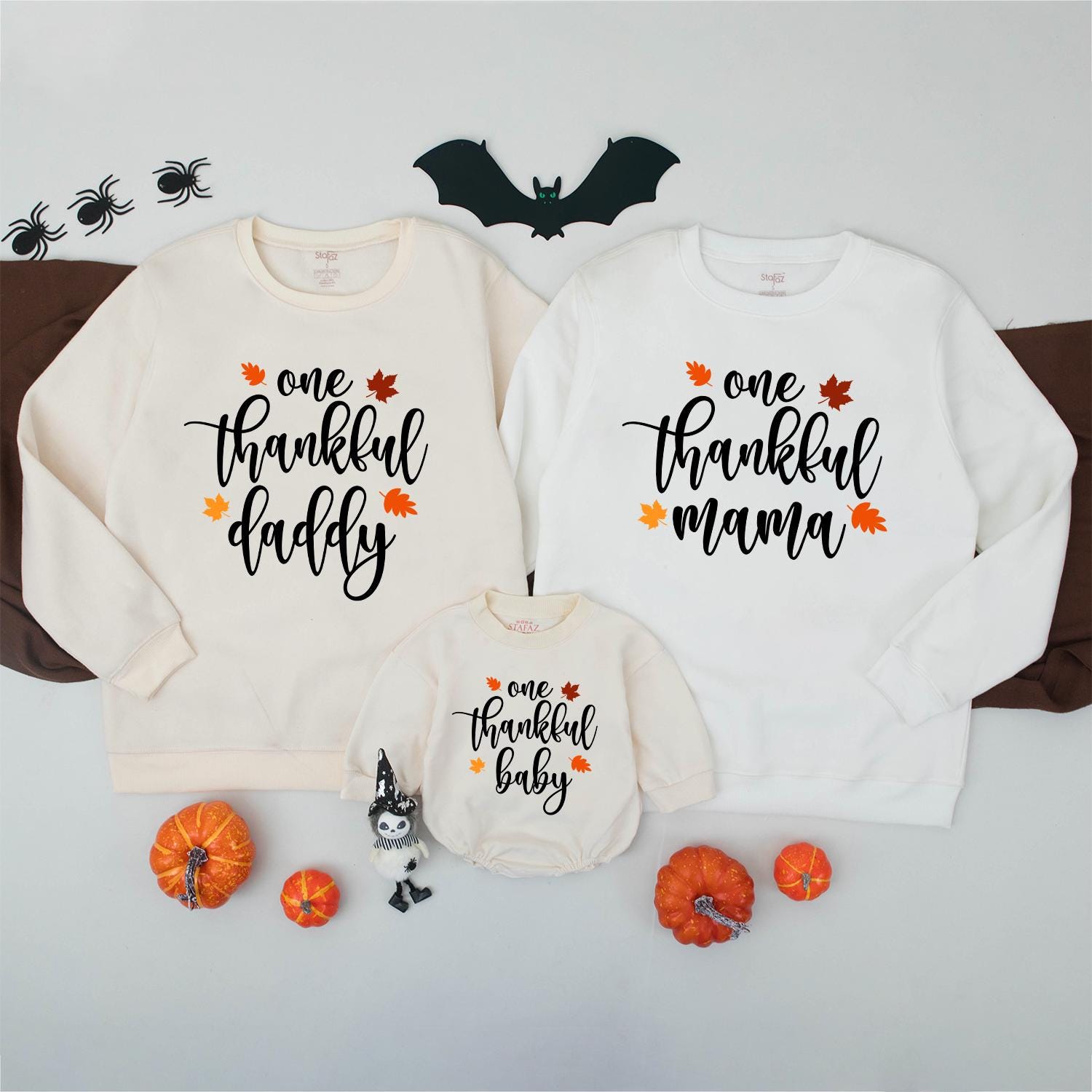 Thankful Mama Thanksgiving Matching Sweatshirt: One Thankful Family Outfit with Autumn Leaves, Mommy and Me Fall Vibes Shirt, Little Turkey Tee (138 chars)
