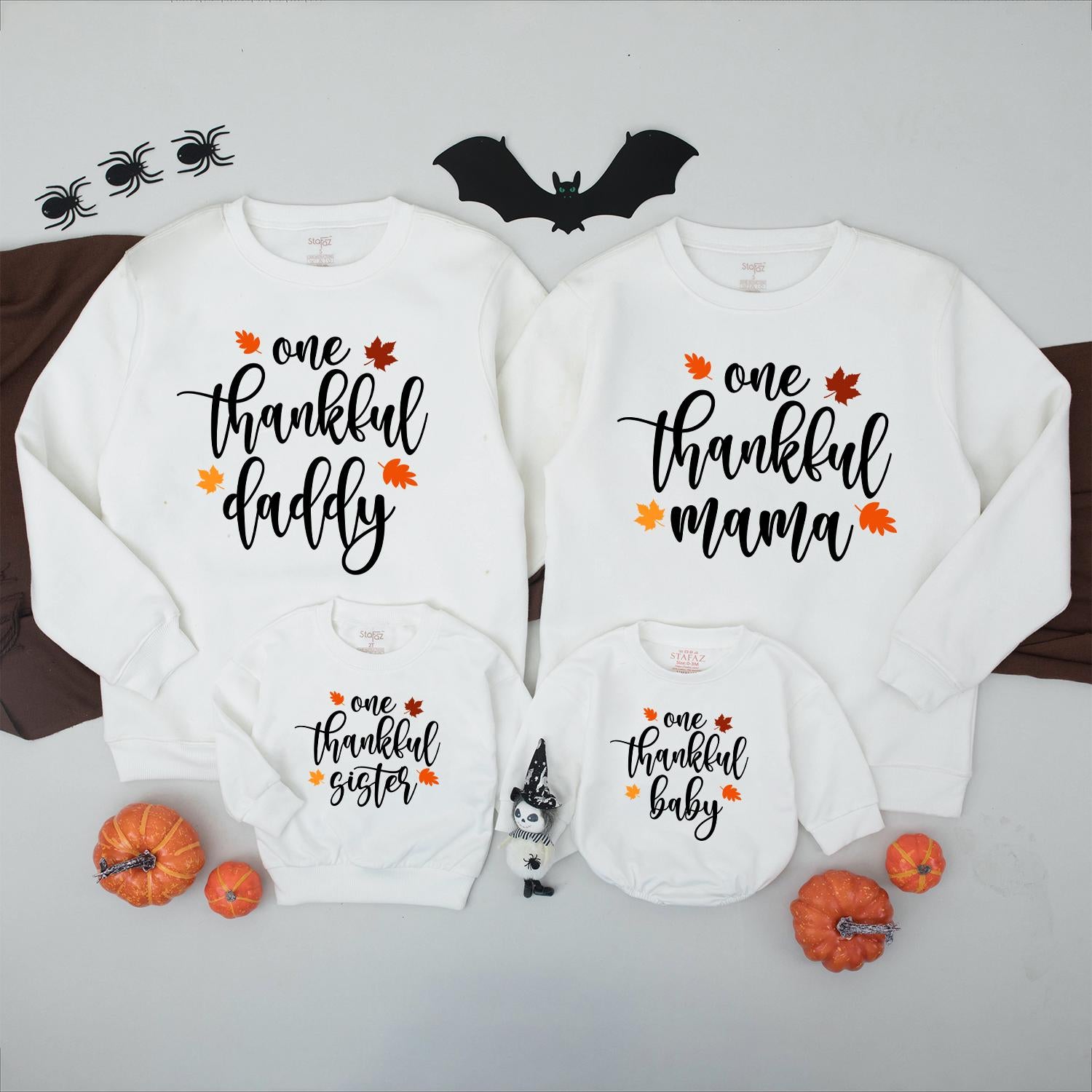 Thankful Mama Thanksgiving Matching Sweatshirt: One Thankful Family Outfit with Autumn Leaves, Mommy and Me Fall Vibes Shirt, Little Turkey Tee (138 chars)