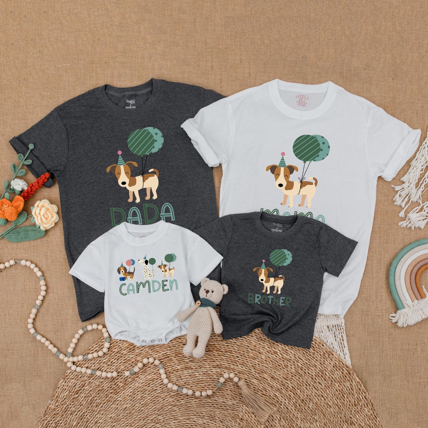 Let's Pawty Birthday Matching Shirts! Cute Puppy Dog Outfit for Family Celebration, Green Balloons, Fun Party Hats, Birthday Gift for Dog Lovers, Cotton Soft