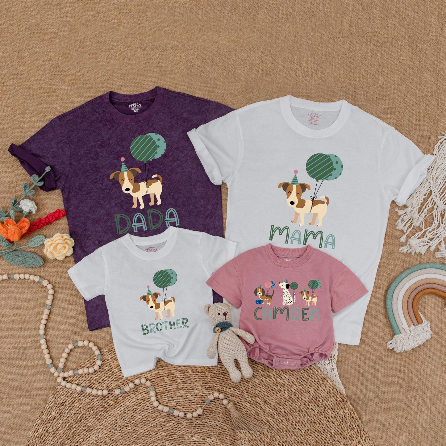 Let's Pawty Birthday Matching Shirts! Cute Puppy Dog Outfit for Family Celebration, Green Balloons, Fun Party Hats, Birthday Gift for Dog Lovers, Cotton Soft